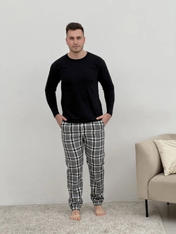 Домашня піжама для чоловіків  COSY  із фланелі  (штани+лонгслив) клітина сіра