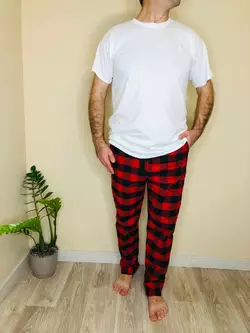 Домашня піжама для чоловіків COSY із фланелі (штани+футболка біла) червоно/чорні