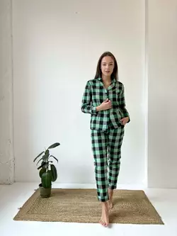 Домашня жіноча піжама COSY у клітинку зелено/чорна (сорочка+штани)