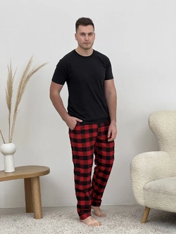 Домашня піжама для чоловіків COSY із фланелі (штани+футболка чорна) червоно/чорні