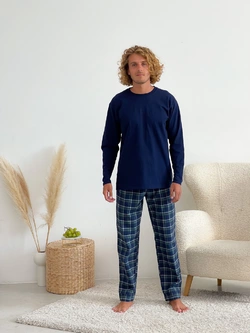 Домашня піжама для чоловіків  (штани+ лонгслив), син./зелен./біл