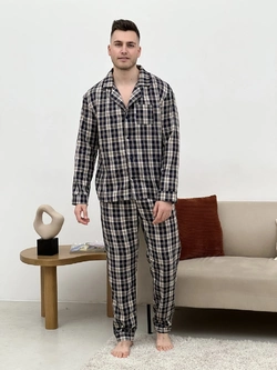 Піжама чоловіча COSY домашній костюм з фланелі (штани+сорочка) клітина темно-синя/кремова