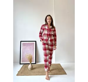 Жіноча піжама домашній костюм у клітинку COSY штани+сорочка червоно/біла