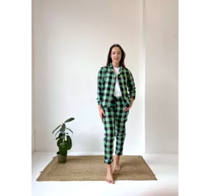 Домашня жіноча піжама 3-ка COSY у клітинку зелено/чорна (сорочка+штани+футболка)